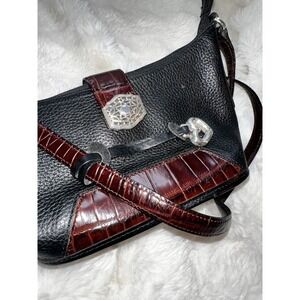 Brighton Black Pebbled Leather Burgundy Croc Print LEON purse Clutch Hand Bag